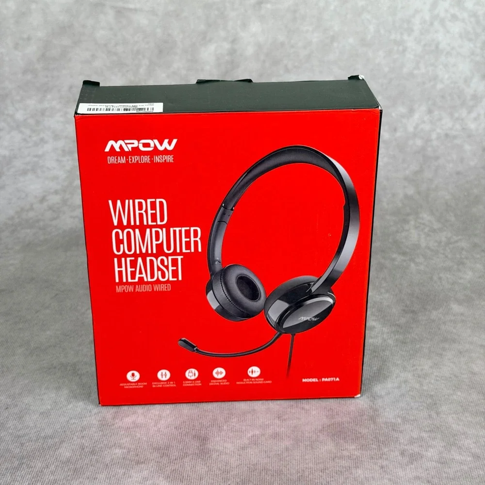 Mpow Wired Computer Headset PA071AB USB/ 3.5mm Connectivity Noise Reduction Blk